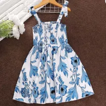 Toddler Girls Sling Blue Flower Prints A-line Casual Dress