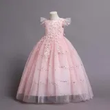 Toddler Girls Flying Sleeve Flower Embroidery Sequin Formal Puffy Maxi Dress