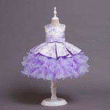 Toddler Girls Sleeveless Flower Embroidery Bowknot Belt Formal Midi Puffy Cake Dress