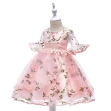 Toddler Girls Short Mesh Sleeve Embroidery Flower Bowknot Belt Formal Midi Dress