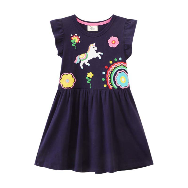 Toddler Girls Flying Sleeve Unicorn Flower Embroidery A-line Casual Dress
