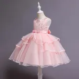 Toddler Girls Sleeveless Embroidery Flower Bowknot Belt Formal Midi Mesh Dress
