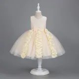 Toddler Girls Sleeveless Flower Rolls Embroidery Bowknot Belt Formal Maxi Puffy Dress