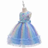 Toddler Girls Sleeveless Heart Embroidery Bowknot Belt Formal Midi Sequin Dress
