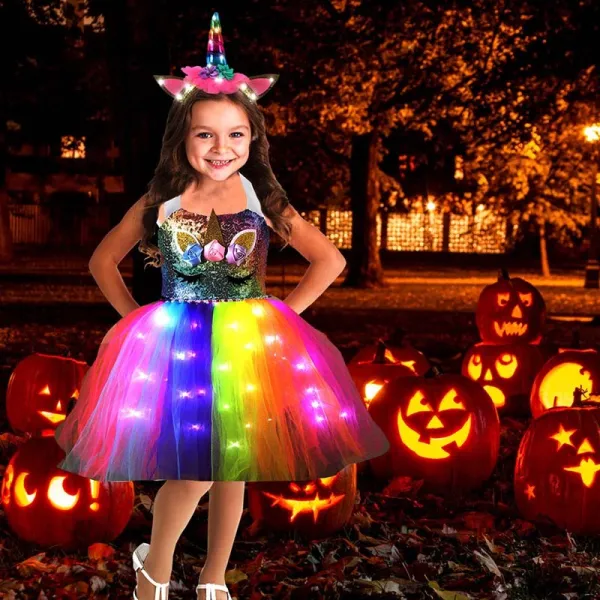 Toddler Girls LED Light Up Two Pieces Unicorn Tutu Dress with Hairband