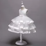 Toddler Girls Sleeveless Flower Embroidery Bowknot Belt Formal Midi Dress