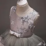 Toddler Girls Sleeveless Flower Embroidery Bowknot Belt Formal Midi Dress
