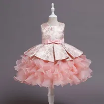 Toddler Girls Sleeveless Flower Embroidery Bowknot Belt Formal Midi Puffy Cake Dress