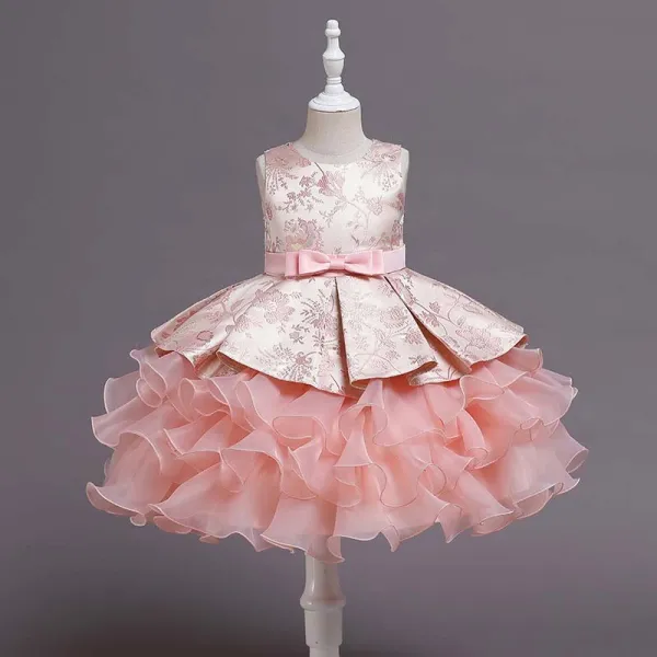 Toddler Girls Sleeveless Flower Embroidery Bowknot Belt Formal Midi Puffy Cake Dress