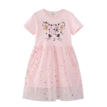 Toddler Girls Short Sleeve Cute Cat Sequin Stars Mesh Tutu Dress