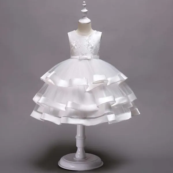 Toddler Girls Sleeveless Flower Embroidery Bowknot Belt Formal Midi Dress