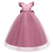 Toddler Girls Flying Sleeve Bowknot Belt Sequin Backless Formal Puffy Maxi Dress