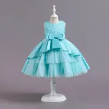 Toddler Girls Sleeveless Flower Embroidery Bowknot Belt Formal Maxi Puffy Dress
