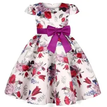 Toddler Girls Flying Sleeve Retro Flower Bowknot Belt Formal Maxi Dress