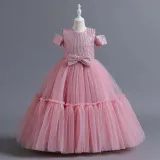 Toddler Girls Off Shulder Sequin Bowknot Belt Formal Maxi Puffy Dress