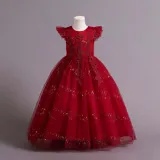 Toddler Girls Flying Sleeve Flower Embroidery Sequin Formal Puffy Maxi Dress