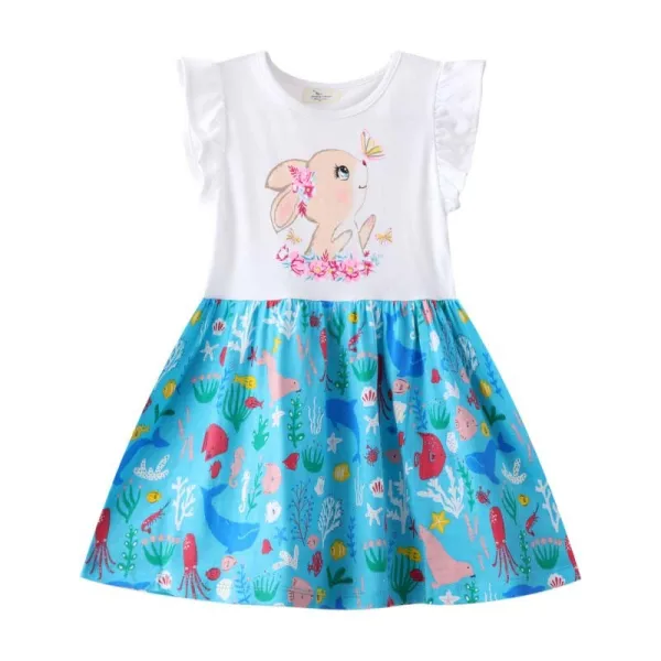 Toddler Girls Flying Sleeve Cartoon Cute Wreath Rabbit Octopus Prints A-line Casual Dress