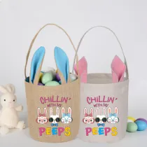 Easter Bunny Ears Canvas Bag Happy Easter Happy Easter Chillin With My Peeps Round Bottom Handbag