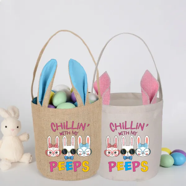 Easter Bunny Ears Canvas Bag Happy Easter Happy Easter Chillin With My Peeps Round Bottom Handbag