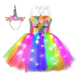 Toddler Girls LED Light Up Two Pieces Unicorn Tutu Dress with Hairband