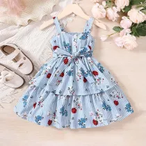Toddler Girls Sling Bowknot Belt Dress Floral A-line Casual Dress