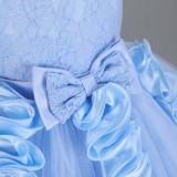 Toddler Girls Sleeveless Flower Rolls Embroidery Bowknot Belt Formal Maxi Puffy Dress