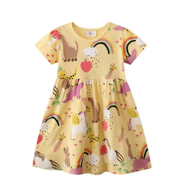 Toddler Girls Short Sleeve Cartoon Rainbow Dinosaur Prints A-line Casual Dress