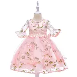 Toddler Girls Short Mesh Sleeve Embroidery Flower Bowknot Belt Formal Midi Dress