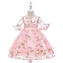 Toddler Girls Short Mesh Sleeve Embroidery Flower Bowknot Belt Formal Midi Dress