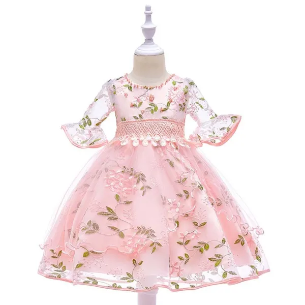 Toddler Girls Short Mesh Sleeve Embroidery Flower Bowknot Belt Formal Midi Dress
