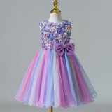 Toddler Girls Sleeveless Flower Rainbow Bowknot Formal Gowns Puffy Dress