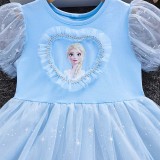 Toddler Girls Mesh Puffy Sleeve Heart Princess Mesh Snowflakes Tutu Princess Dress