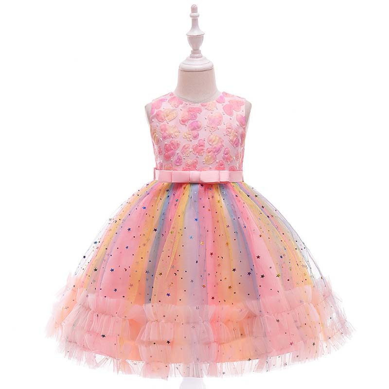 Toddler Girls Sleeveless Heart Embroidery Bowknot Belt Formal Midi Sequin Dress