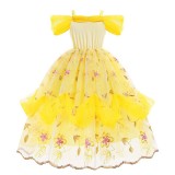 Toddler Girls Yellow One-shoulder Embroidery Flower Mesh Costumes Princess Dress with Jewellery Set