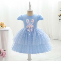 Toddler Girls Short Sleeve Rabbit Bowknot Mesh Sequin Tutu Princess Dress