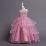 Toddler Girls Sleeveless Mesh Embroidery Formal Maxi Puffy Dress