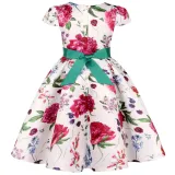 Toddler Girls Flying Sleeve Retro Flower Bowknot Belt Formal Maxi Dress