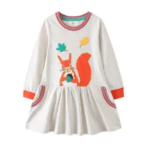 Toddler Girls Long Sleeve Cartoon Squirrel Embroidery A-line Casual Dress