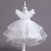 Toddler Girls Sleeveless Lace Collar Butterfly Mesh Bowknot Belt Formal Fishtail Midi Dress
