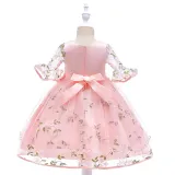 Toddler Girls Short Mesh Sleeve Embroidery Flower Bowknot Belt Formal Midi Dress
