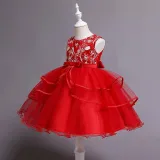 Toddler Girls Sleeveless Embroidery Flower Bowknot Belt Formal Midi Mesh Dress