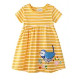 Toddler Girls Flying Sleeve Stripes Bird Embroidery A-line Casual Dress