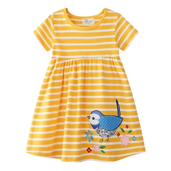Toddler Girls Flying Sleeve Stripes Bird Embroidery A-line Casual Dress