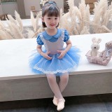 Toddler Girls Puffy Sleeves Blue Poker Prints Mesh Tutu Princess Dress