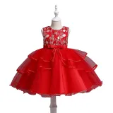 Toddler Girls Sleeveless Embroidery Flower Bowknot Belt Formal Midi Mesh Dress