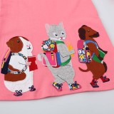 Toddler Girls Long Sleeve Cartoon Puppy and Cats with Schoolbag Embroidery A-line Casual Dress
