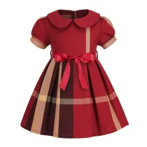 Toddler Girls Doll Collar Short Sleeve Bowknot Belt A-line Dress