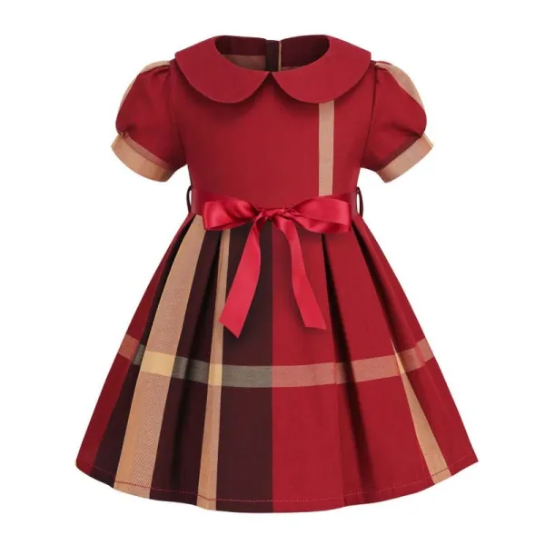 Toddler Girls Doll Collar Short Sleeve Bowknot Belt A-line Dress