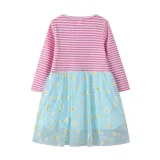 Toddler Girls Long Sleeve Striped Cartoon Bunny Rabbit Prints A-line Casual Mesh Dress