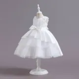 Toddler Girls Sleeveless Flower Embroidery Bowknot Belt Formal Maxi Puffy Dress